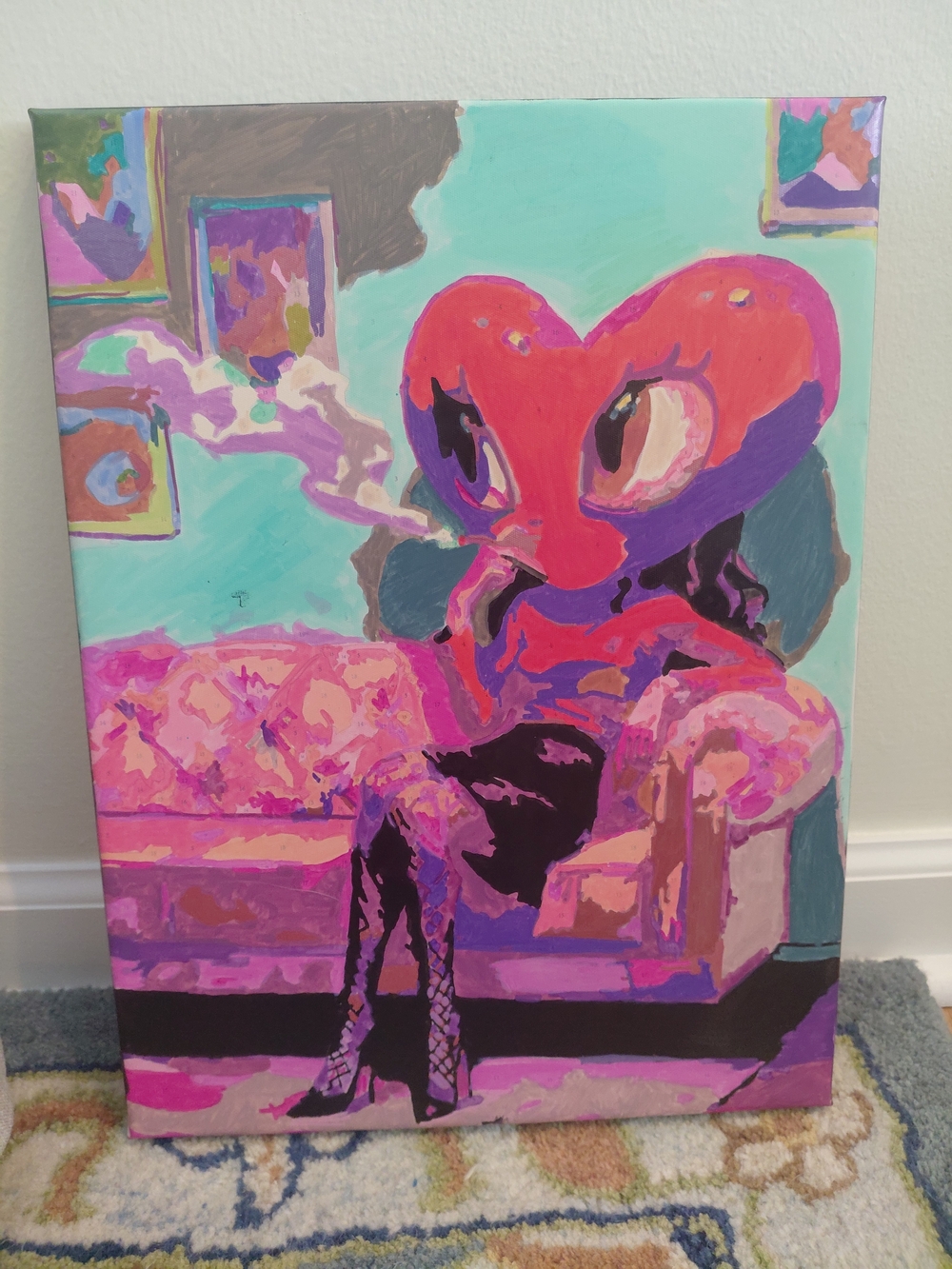 Abstract Heart-Head Sitting Figure Canvas Art - Pink & Turquoise PAINT BY NUMBER